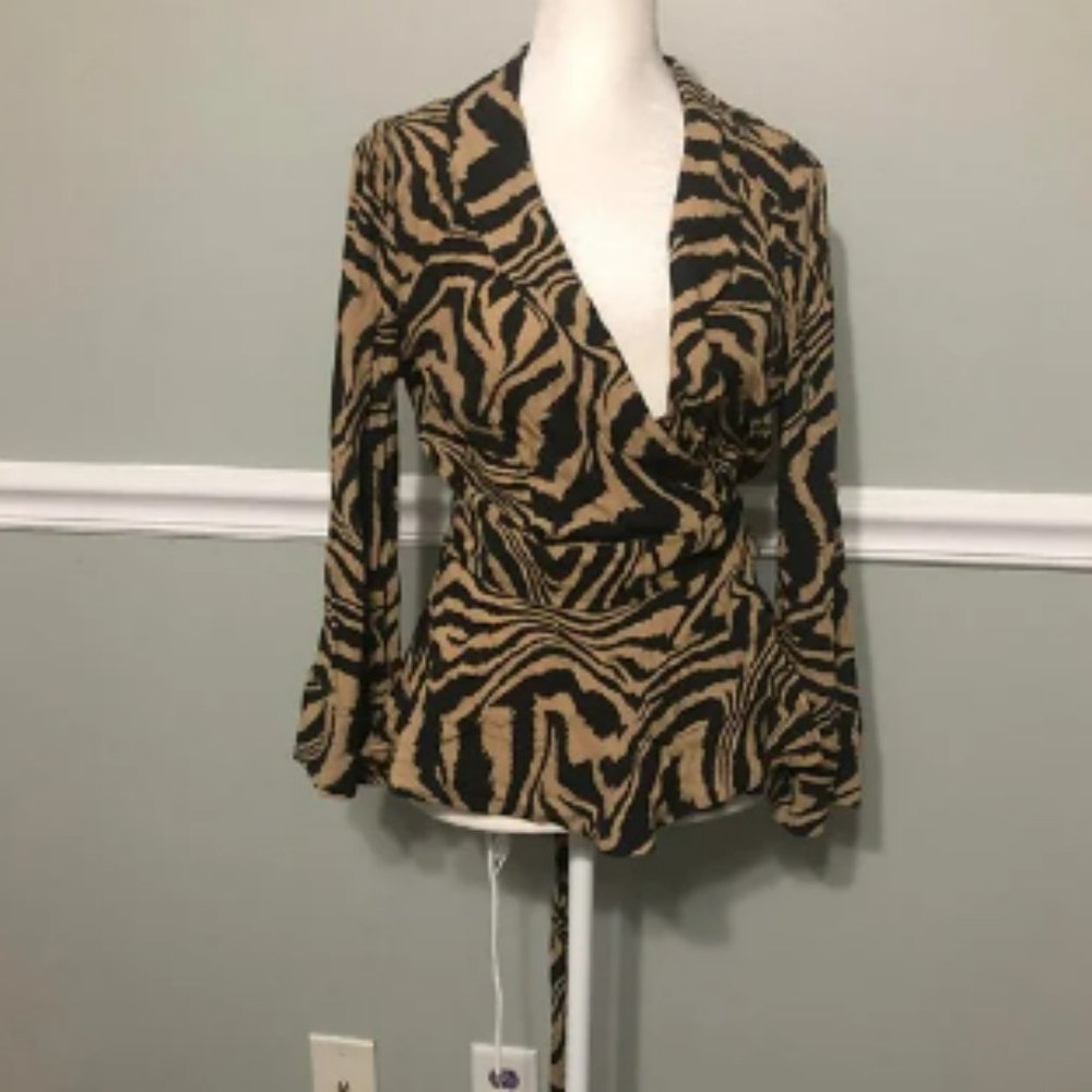 $225 Ganni Zebra Print Wrap Blouse Top Sz 36